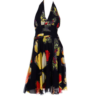 90s Vintage Tadashi Shoji Butterfly Print Silk Halter Dress