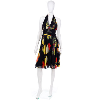 Vintage Tadashi Shoji Black Butterfly Print Silk Halter Dress