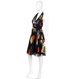 Vintage Tadashi Butterfly Print Silk Halter Dress