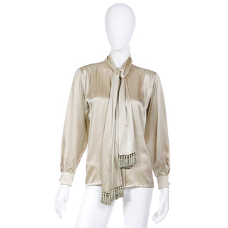 YSL 1990s Yves Saint Laurent Pale Green Taupe Silk Blouse w Fringed Sash