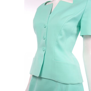 Vintage Thierry Mugler Mint Green Skirt and Jacket Suit textured cotton