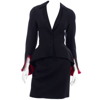 1990s Thierry Mugler Black Jacket w Red Velvet Cuffs & Skirt Suit Made in France