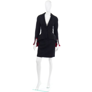1990s Thierry Mugler Black Jacket w Red Velvet split Cuffs & Skirt Suit