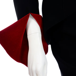 1990s Thierry Mugler Black Jacket w Red Velvet Cuffs & Skirt Suit Vintage 90s
