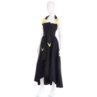 1980s Thierry Mugler Black & Yellow Cotton Halter High Low Dress Rare