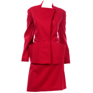 Thierry Mugler Paris Vintage Red Skirt and Jacket Suit cinched waist patch pockets