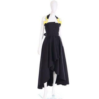 1980s Thierry Mugler Black & Yellow Cotton Halter High Low Dress Wrap 