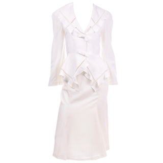1980s Thierry Mugler Vintage Ivory Linen Blend Skirt & Jacket Suit With Cutwork and Ruffled Trim