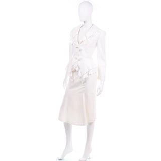 1980s Thierry Mugler Vintage Ivory Linen Blend Skirt & Jacket Suit with cutwork and ruffles