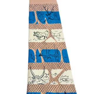 1950's vintage tie with bison, steer, fox, owls, line drawn animals by Tina Leser in stripes of cream and teal