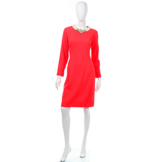 Vintage Travilla Red Evening Dress w Jeweled Rhinestone & Pearl Statement Collar