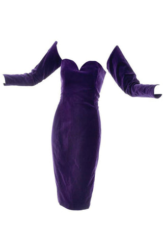 1980s Travilla Purple Velvet Strapless Dress w/ Detached Sleeves