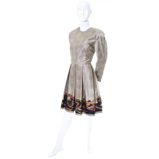 1970's Travilla silk dress with scroll, chain and tassel design
