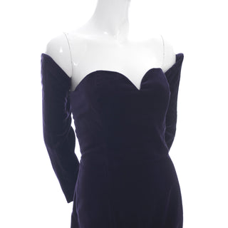 William Travilla purple velvet vintage designer dress with detached sleeves - Dressing Vintage