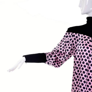 Pink silk polka dot dress with velvet turtleneck