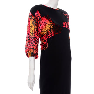 Diane Freis Vintage 2Pc 1980s Black Silk Jersey Dress & Pants Outfit w Burnout Velvet
