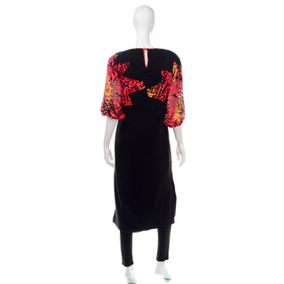 1980s Diane Freis Vintage 2Pc Black Silk Jersey Dress & Pants Outfit w Burnout Velvet Limited Edition