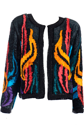 1980s Colorful Beaded Silk Jacket With Unique Pleated Details Rippled fabric