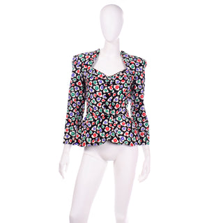 1980s Vintage Unlabeled Vicky Tiel Couture Colorful Flower Peplum Jacket