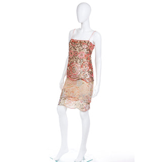 Valentino Peach Beaded Sequin Evening Dress With Beaded Silk Rope Belt