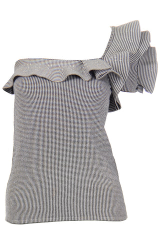 2000s Valentino Black & White Houndstooth Check Ruffle One Shoulder Top