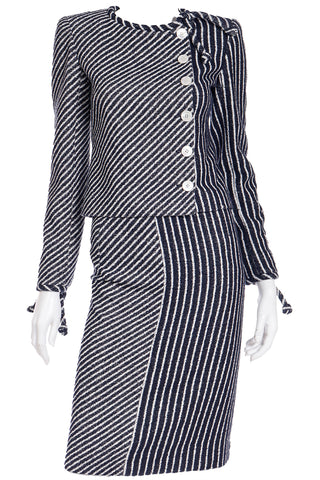 2000s Valentino Navy Blue and White Stripe Summer Jacket & Skirt Suit
