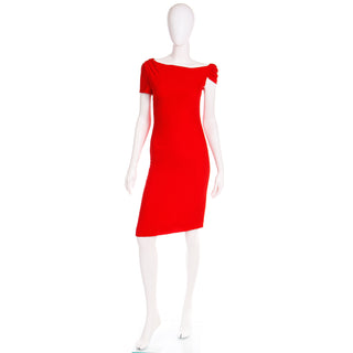 2000s Valentino Garavani Red Silk Crepe Draped Asymmetrical Sleeve Evening Dress