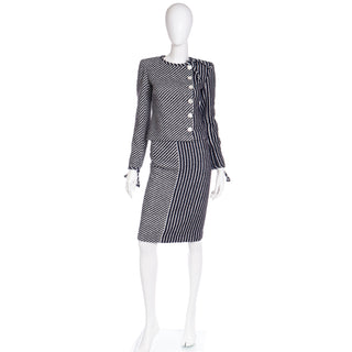 2000s Valentino Navy Blue and White Striped Summer Jacket & Skirt Suit