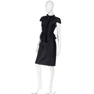 2008 Valentino Deadstock 2pc Black Beaded Pleated Peplum Jacket & Skirt Suit 