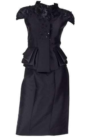 2008 Valentino Deadstock 2pc Black Beaded Peplum Jacket & Skirt Suit