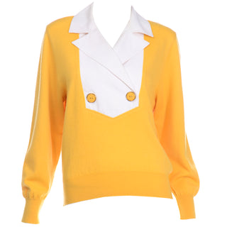 1980s Valentino Yellow & White Sweater Top With Collar Made in Italy