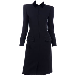 1980s Valentino Boutique Vintage Black Ribbed Dress w Velvet Collar w pockets 8