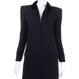 1980s Valentino Boutique Vintage Black Ribbed Dress w Velvet Collar 1980s