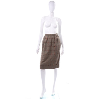 Valentino Vintage Windowpane Tweed Brown Wool Skirt Size 8