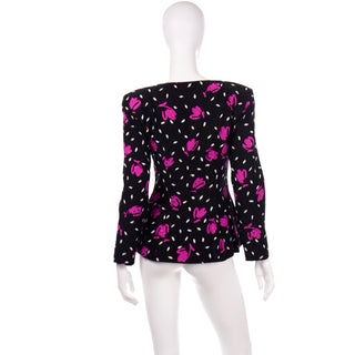 1980s Vicky Tiel Couture Abstract Navy & Pink Floral Silk Vintage Jacket Top lined size M