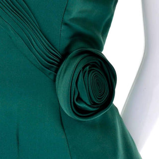 1980s Vicky Teal Couture Green Satin Strapless Dress with Rosette - Dressing Vintage