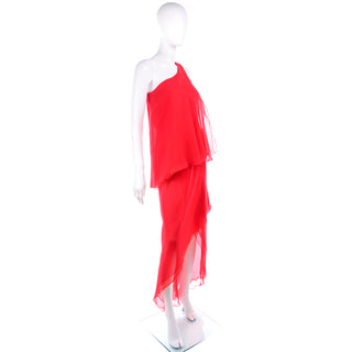 1970s Victor Costa Red Vintage Chiffon One Shoulder Dress