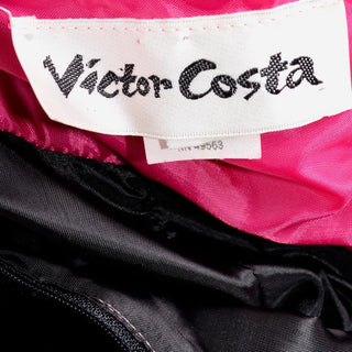 1980s Victor Costa Black Velvet Strapless Evening Dress w Hot Pink Satin