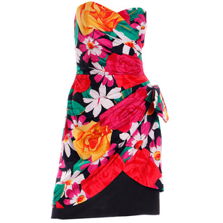 1980s A J Bari Saks Fifth Avenue Multi Colored Floral Strapless Dress with draping