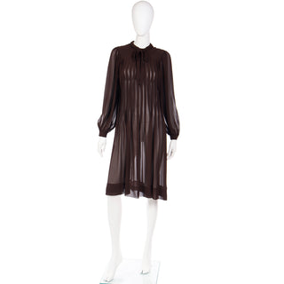 1970s Albert Nipon sheer brown pleated dress w/ bishop sleeves