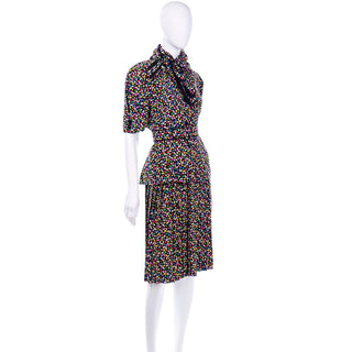 Vintage Albert Nipon Colorful Confetti Print Silk 2 Pc Dress with Scarf Vintage