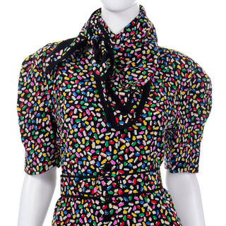Vintage Albert Nipon Colorful Confetti Print Silk 2 Pc Dress with matching Scarf and belt 