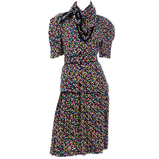 Vintage Albert Nipon Colorful Confetti Print Silk 2 Pc Dress with Scarf and belt designed by Pearl Nipon