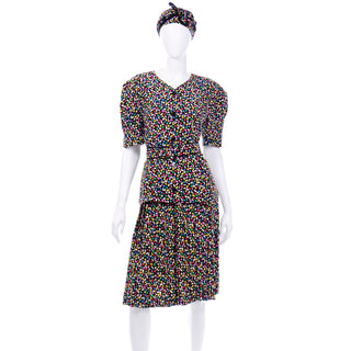 Vintage Albert Nipon Colorful Confetti Print Silk 2 Pc Dress with Scarf and Belt