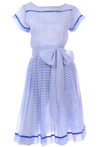Albert Nipon Vintage Blue and White Striped Cotton Voile Dress
