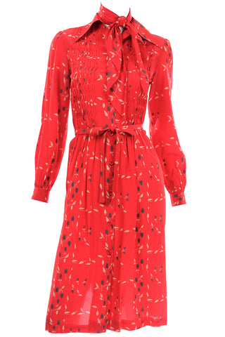 Vintage Albert Nipon Red Print Dress With Sash Scarf and Belt
