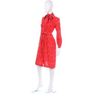 1970s Vintage Albert Nipon Red Print Dress With Sash Scarf and Belt