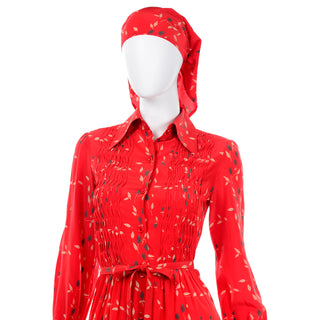 Vintage Albert Nipon Red Print Dress With Sash Scarf and Belt unique pleating