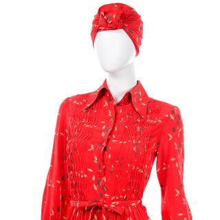 Vintage Albert Nipon Red Print Dress With Sash Scarf and Belt pleating
