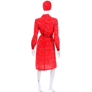 Vintage Albert Nipon Red Print Dress W Sash Scarf and Belt 
